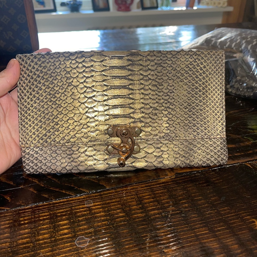 Yosef H Snakeskin Gold Clutch Wallet Purse